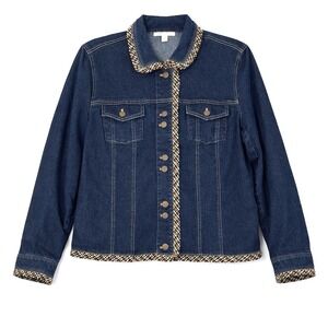 JM Collection Denim Jacket Jean Tweed Trim Size 18 Dark Wash Stretch Casual Chic